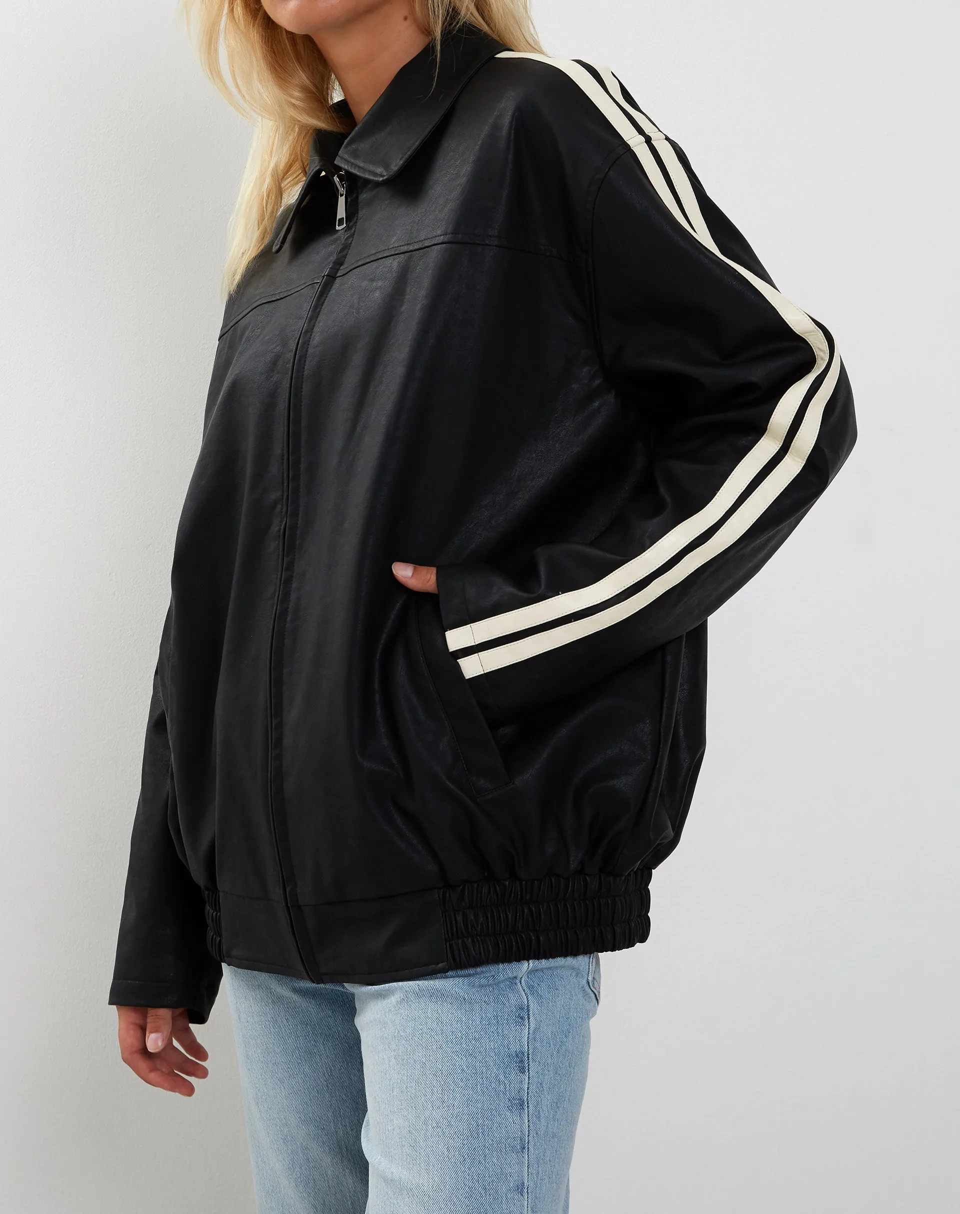Javana Zip Up Jacket in PU Black with Beige Stripe sold by Motel Rocks product image thumbnail 2