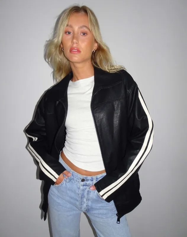 Javana Zip Up Jacket in PU Black with Beige Stripe sold by Motel Rocks
