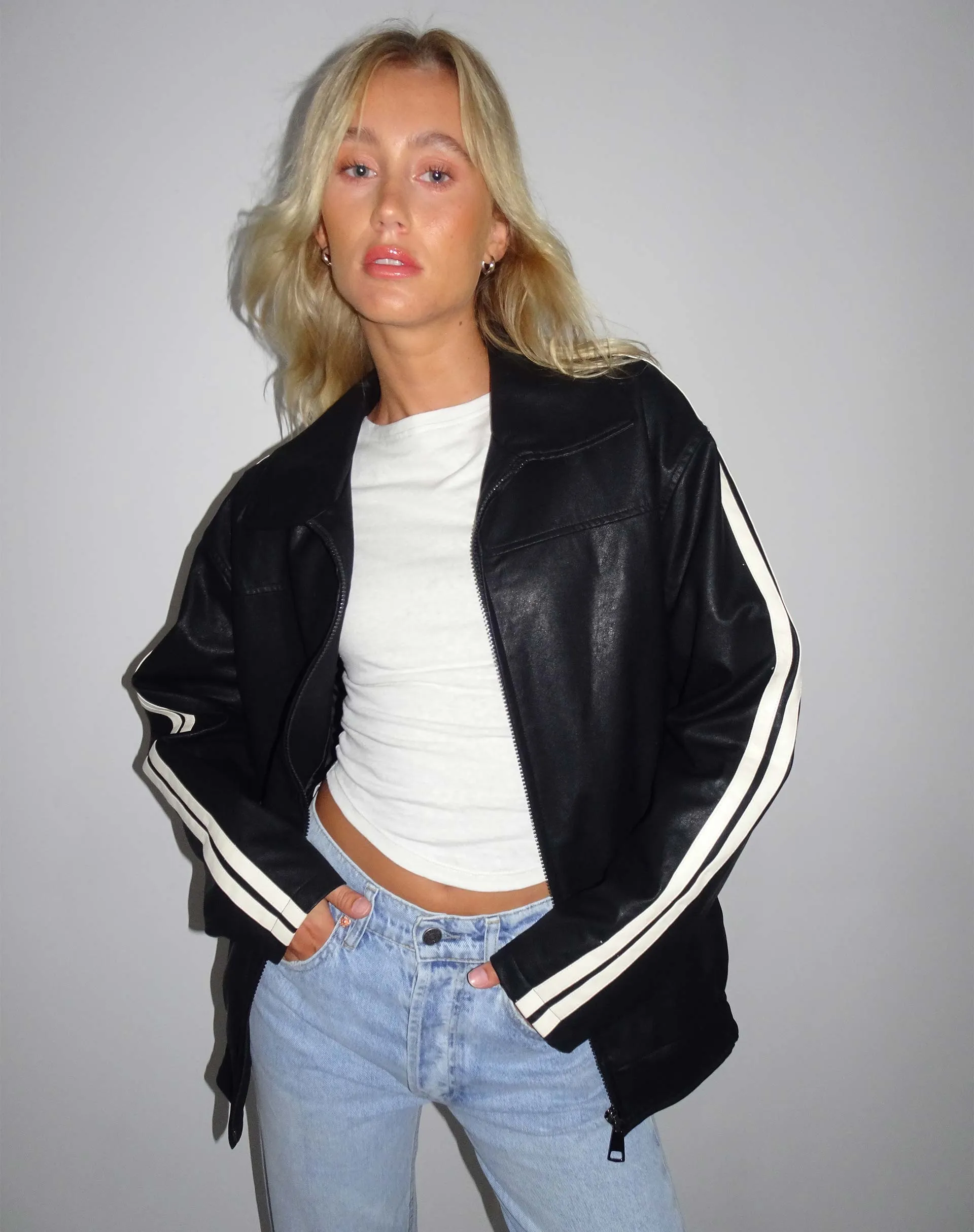 Javana Zip Up Jacket in PU Black with Beige Stripe sold by Motel Rocks