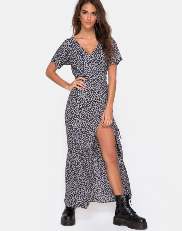 Riva Dress in Ditsy Rose Black sold by Motel Rocks