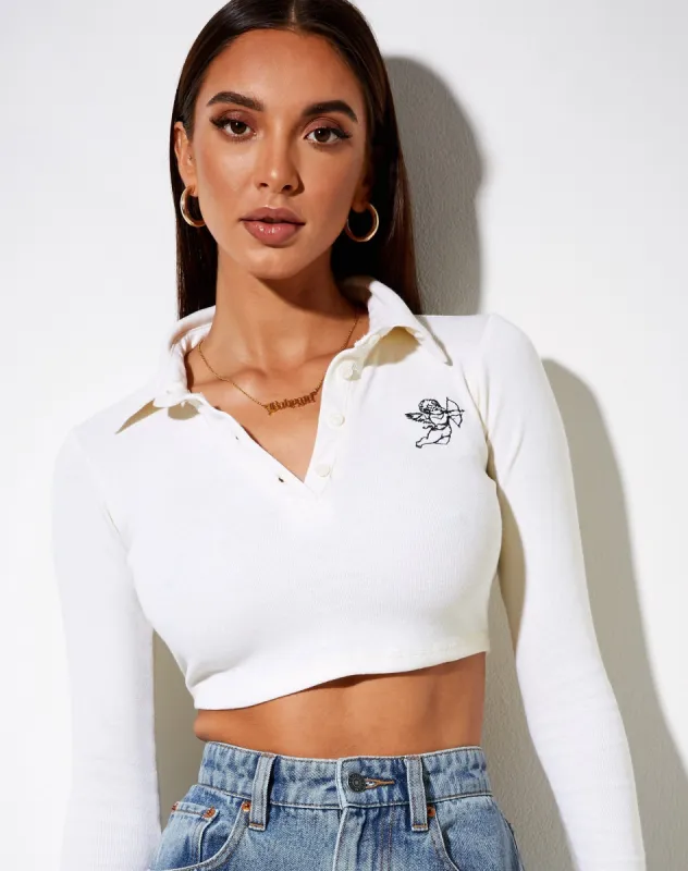 Elody Crop Top in Rib Ivory 'Cupid' Embro sold by Motel Rocks