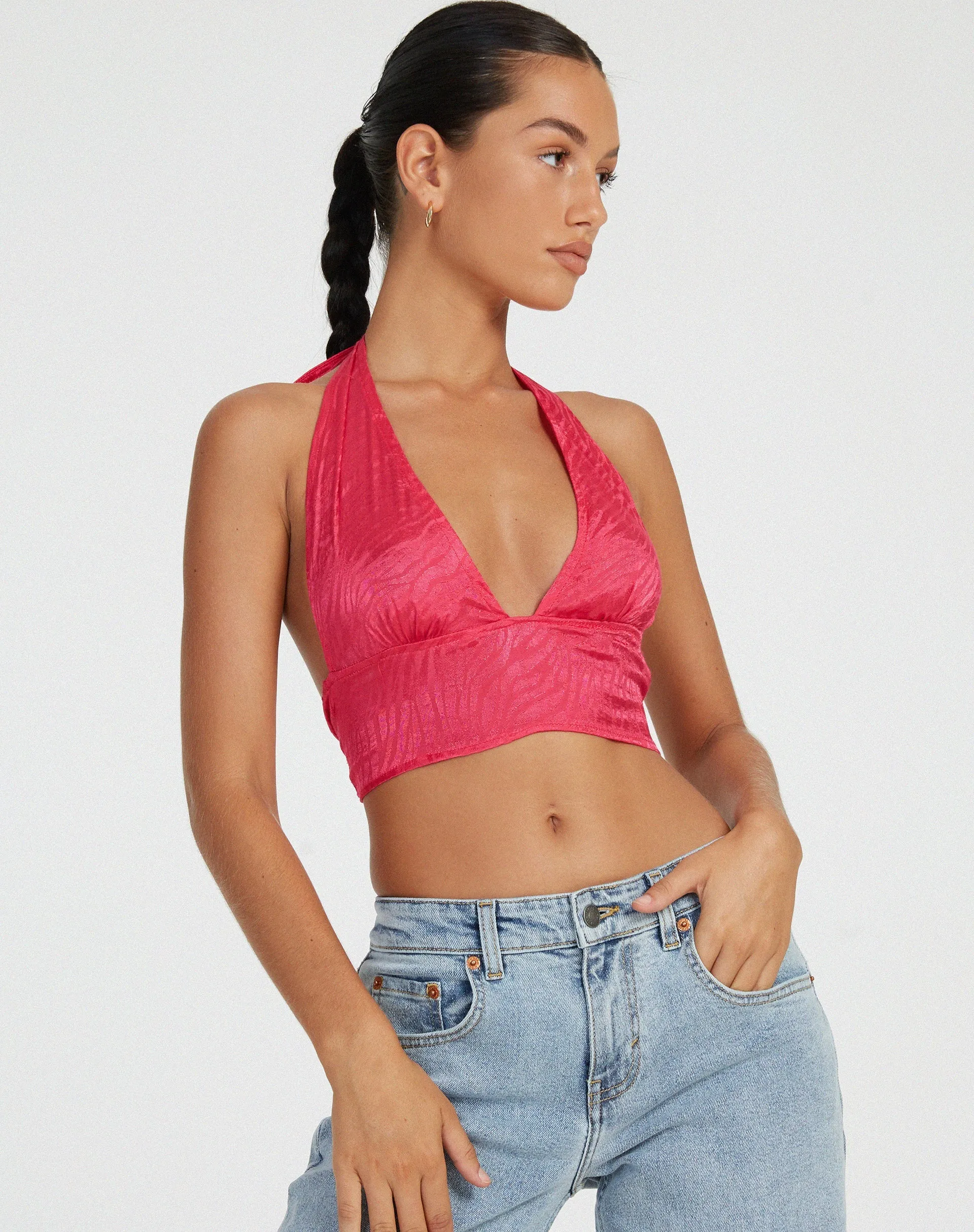 Nanda Crop Top in Satin Zebra Hot Pink sold by Motel Rocks