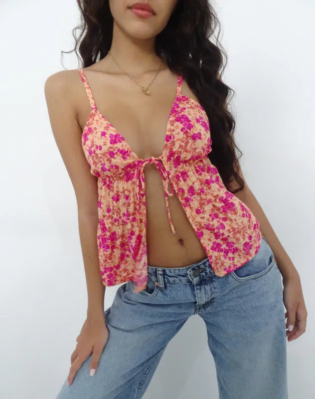 Tezza Tie Front Cami Top in Dark Wild Flower Cantaloupe sold by Motel Rocks