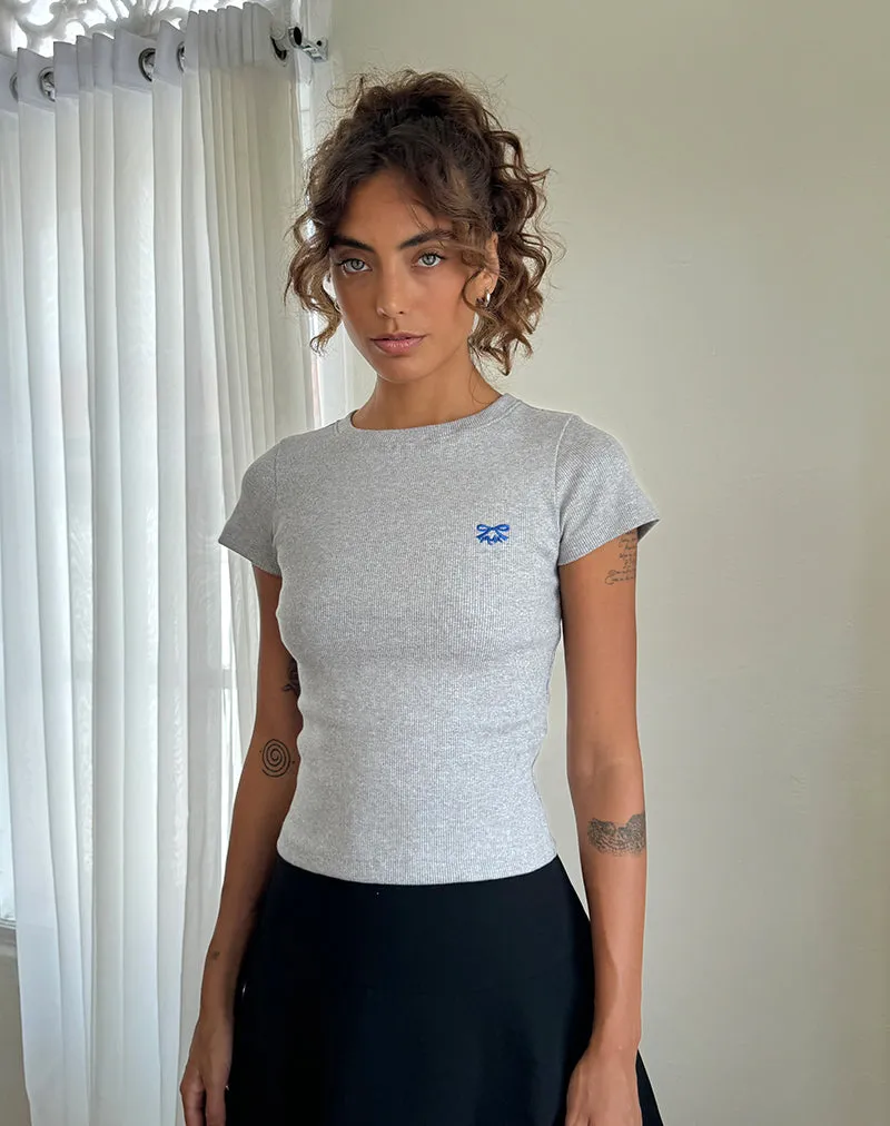 Suti Tee in Grey Marl with Cobalt Blue Bow Embroidery sold by Motel Rocks