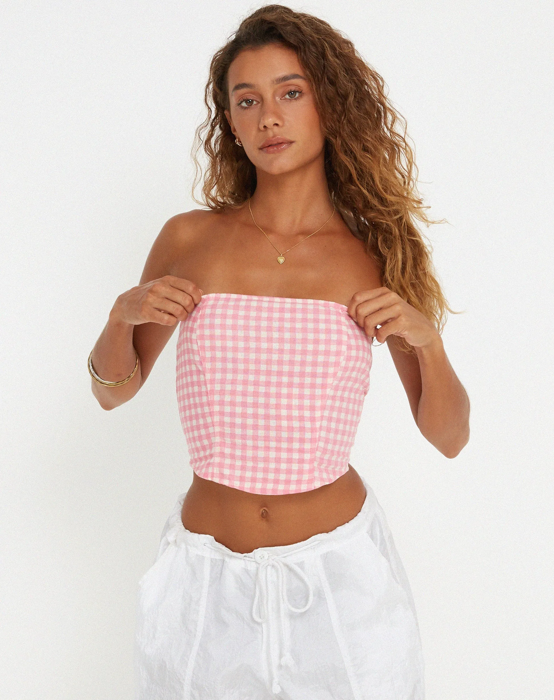 Den Bandeau Top in Gingham Pink sold by Motel Rocks