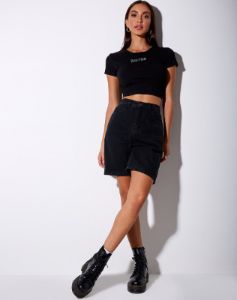 Tiney  Crop Tee in Black 'Taurus' Diamante sold by Motel Rocks