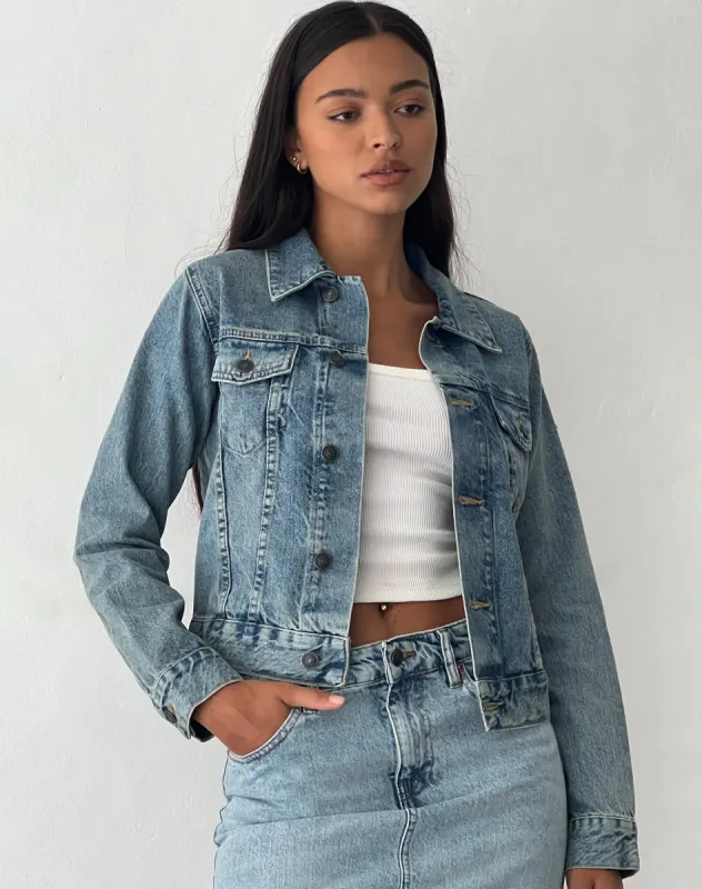 Fitted Denim Jacket in Blue Wash sold by Motel Rocks
