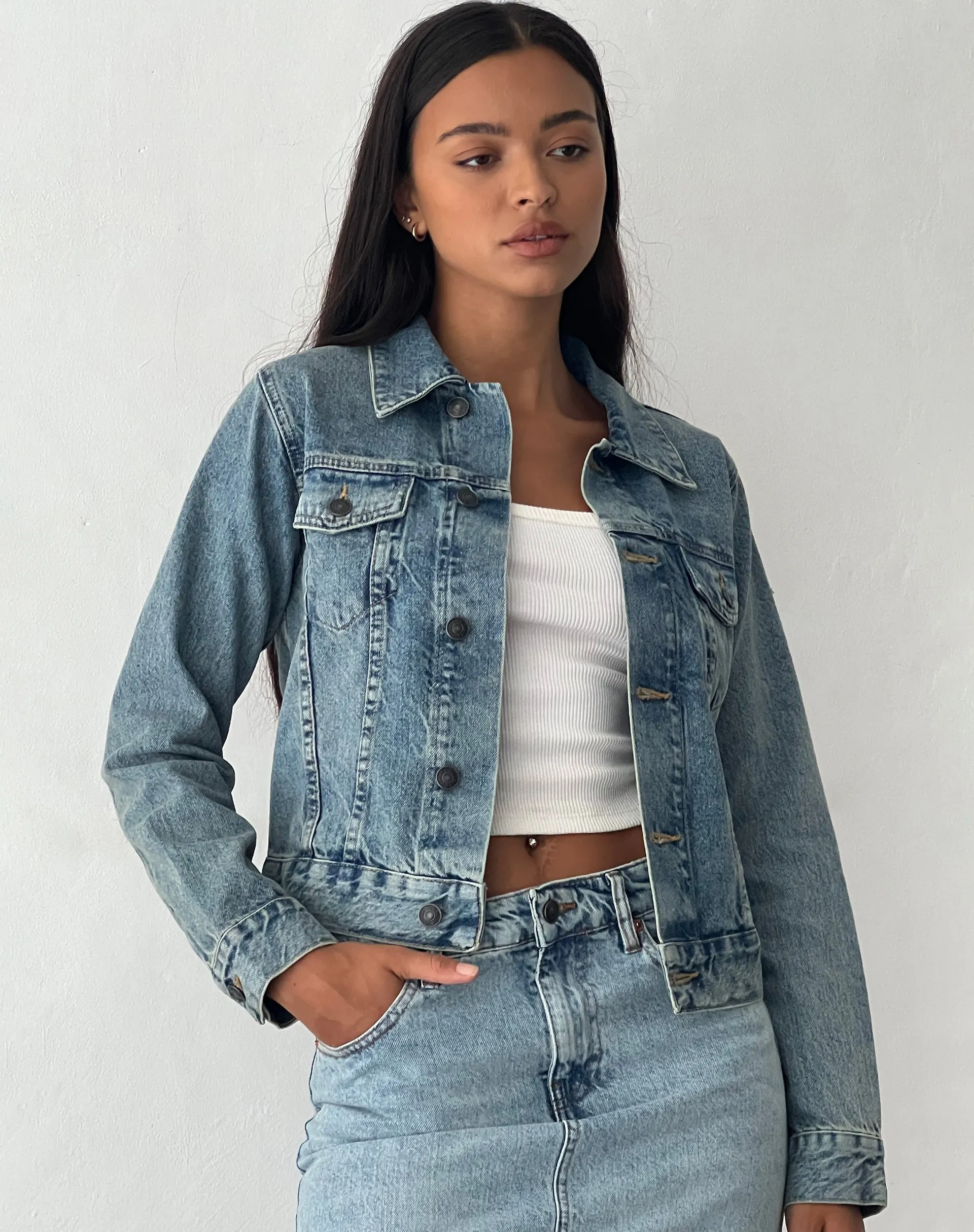 Fitted Denim Jacket in Blue Wash sold by Motel Rocks