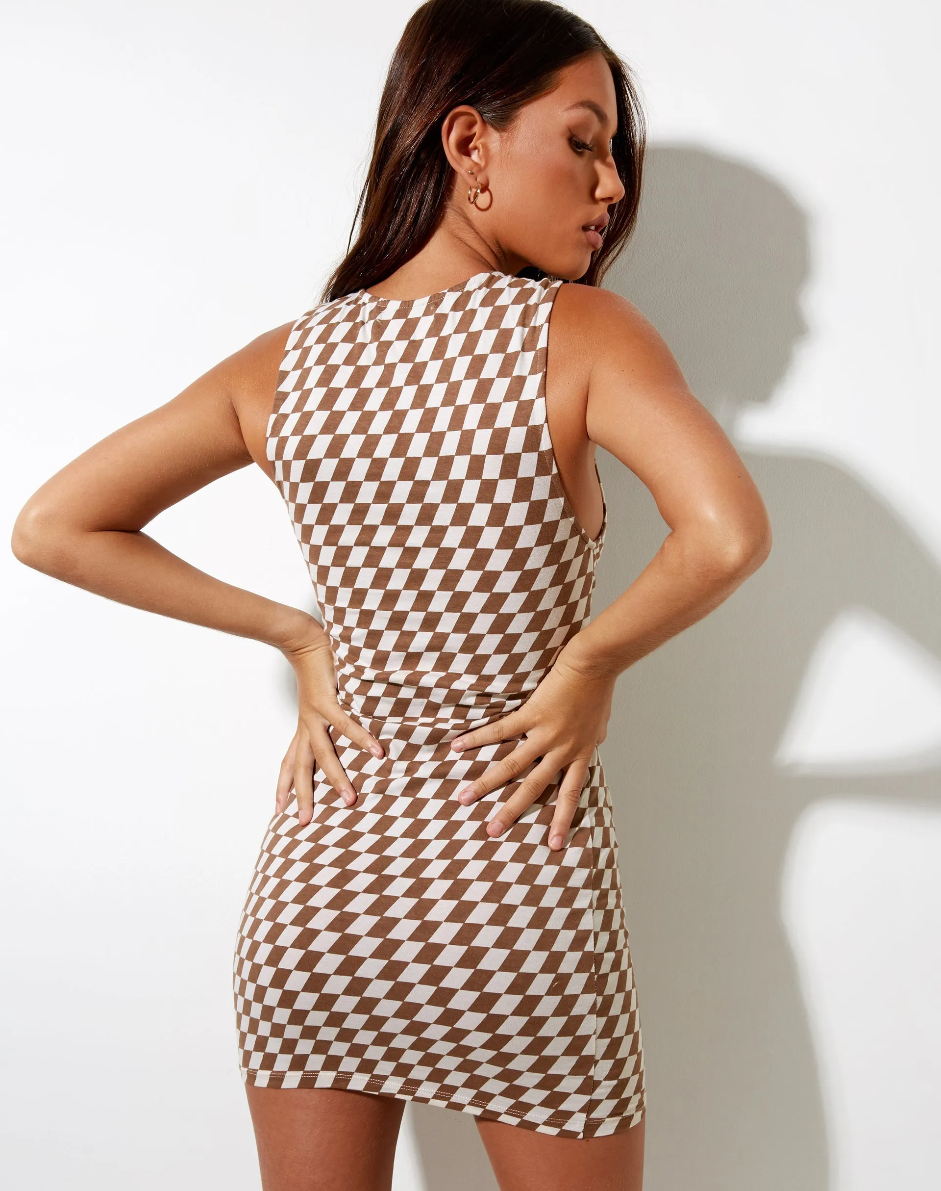 Gele Mini Dress in Diagonal Checker Tan and Ivory sold by Motel Rocks product image thumbnail 2