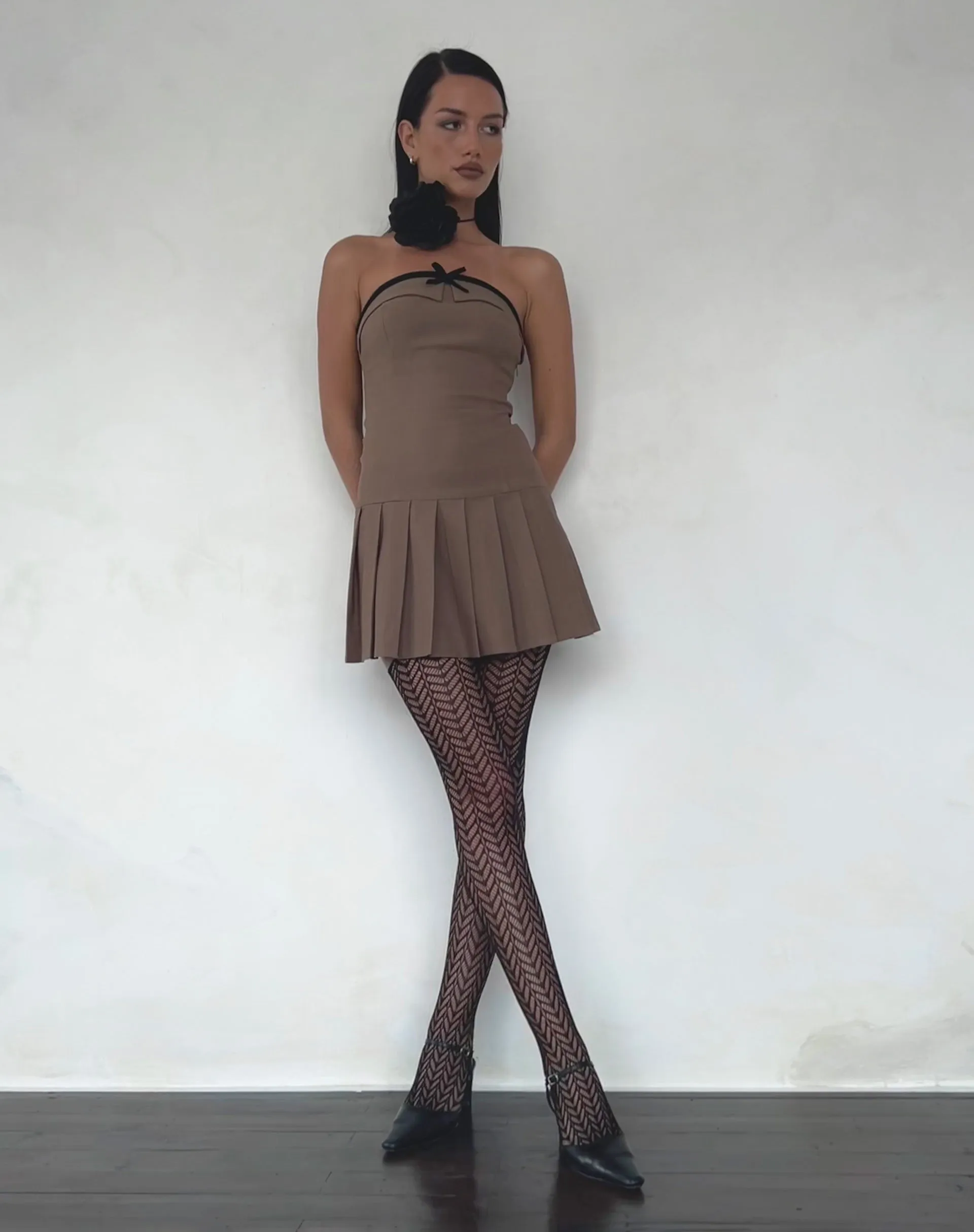 Yalua Bandeau Mini Dress in Coco with Black Bow sold by Motel Rocks product image thumbnail 5