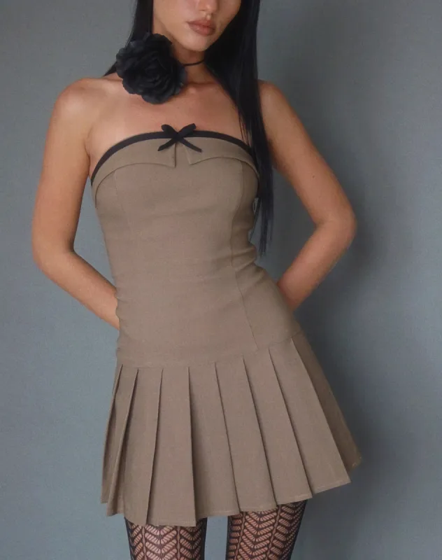Yalua Bandeau Mini Dress in Coco with Black Bow sold by Motel Rocks