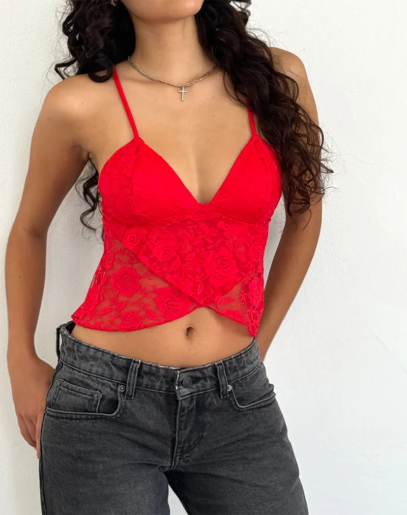 Cojira Lace Butterfly Top in Big Rose Red sold by Motel Rocks