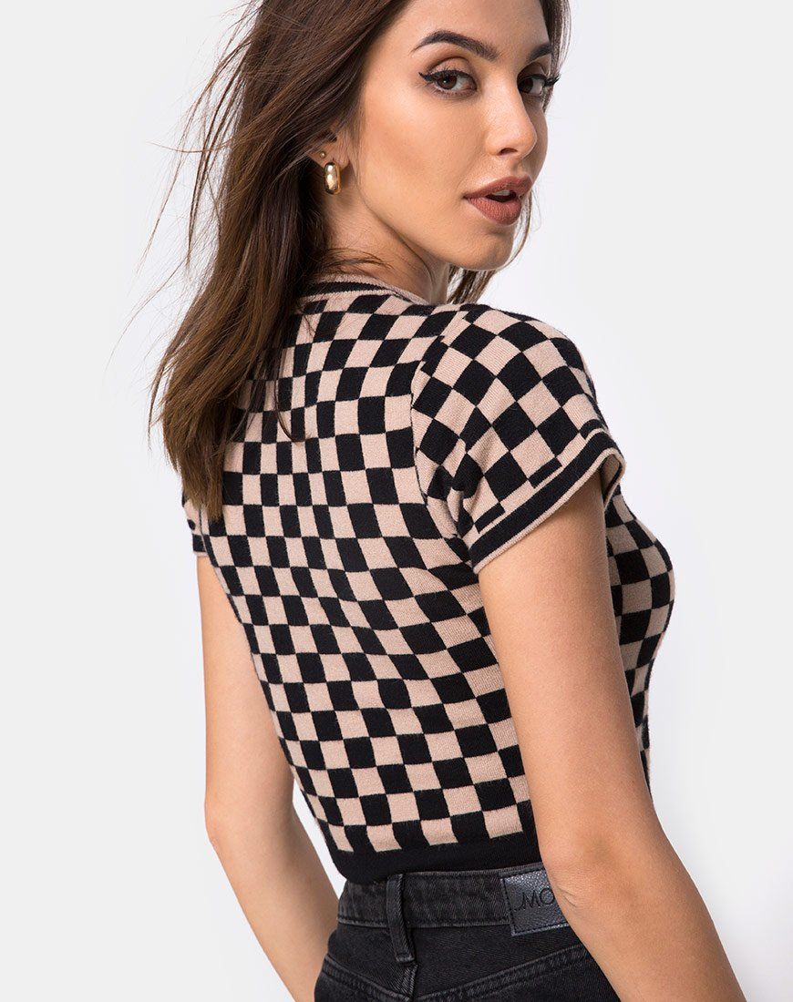 Nelle Crop Top in Checkerboard Tan sold by Motel Rocks product image thumbnail 2