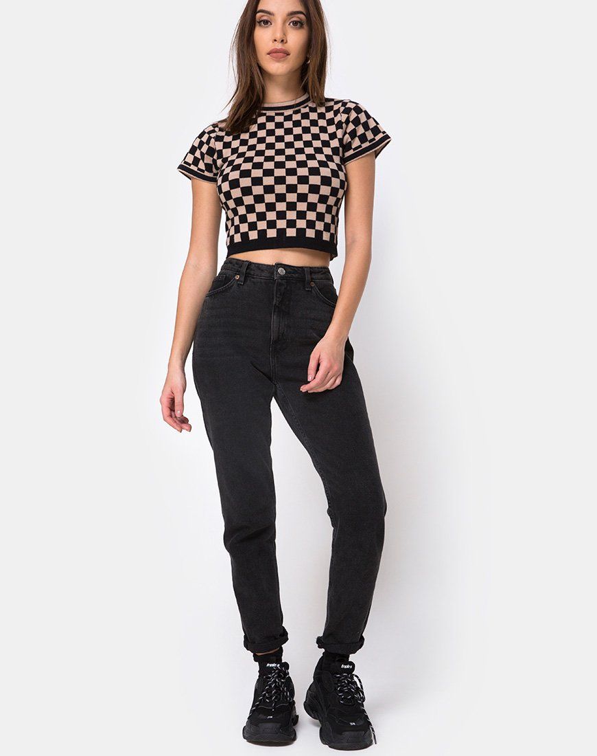 Nelle Crop Top in Checkerboard Tan sold by Motel Rocks product image thumbnail 3