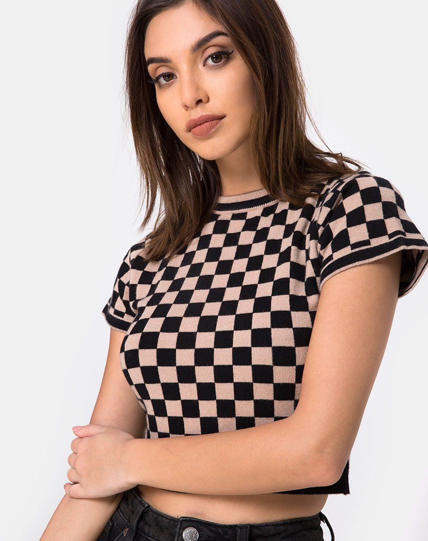 Nelle Crop Top in Checkerboard Tan sold by Motel Rocks