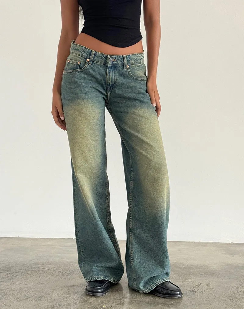 Roomy Extra Wide Low Rise Jeans in Mid Used Green sold by Motel Rocks
