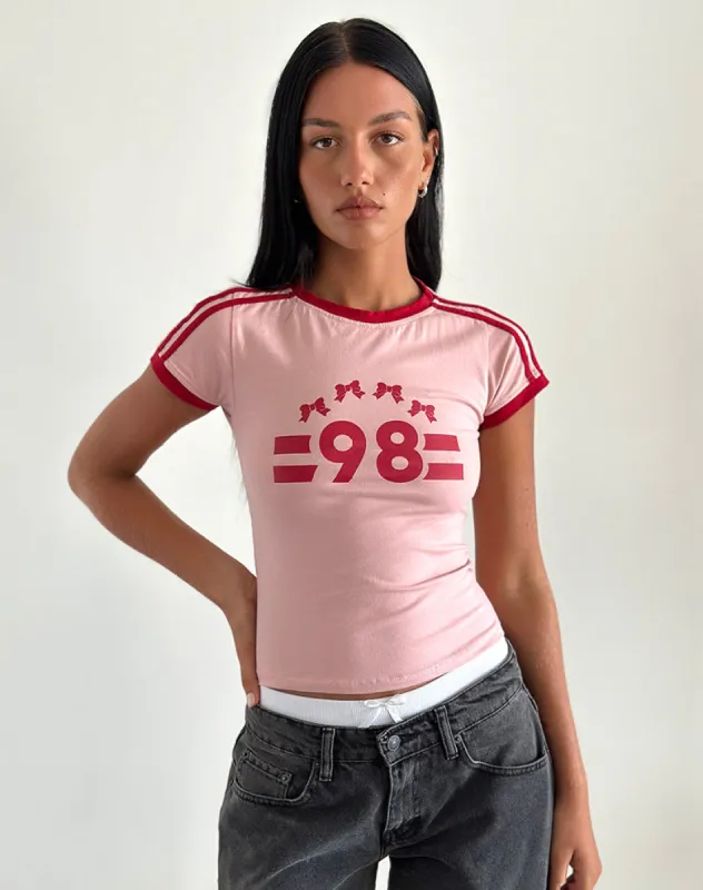 Salda Tee in Pink Lady with Adrenaline Red Binding and '98' Emb sold by Motel Rocks