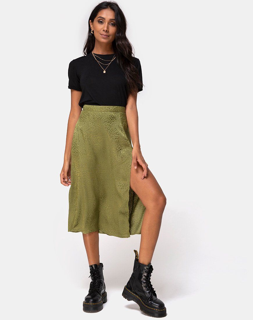 Saika Midi Skirt in Satin Cheetah Khaki sold by Motel Rocks