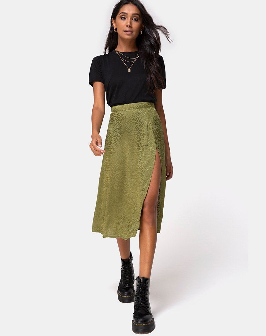 Saika Midi Skirt in Satin Cheetah Khaki sold by Motel Rocks product image thumbnail 3