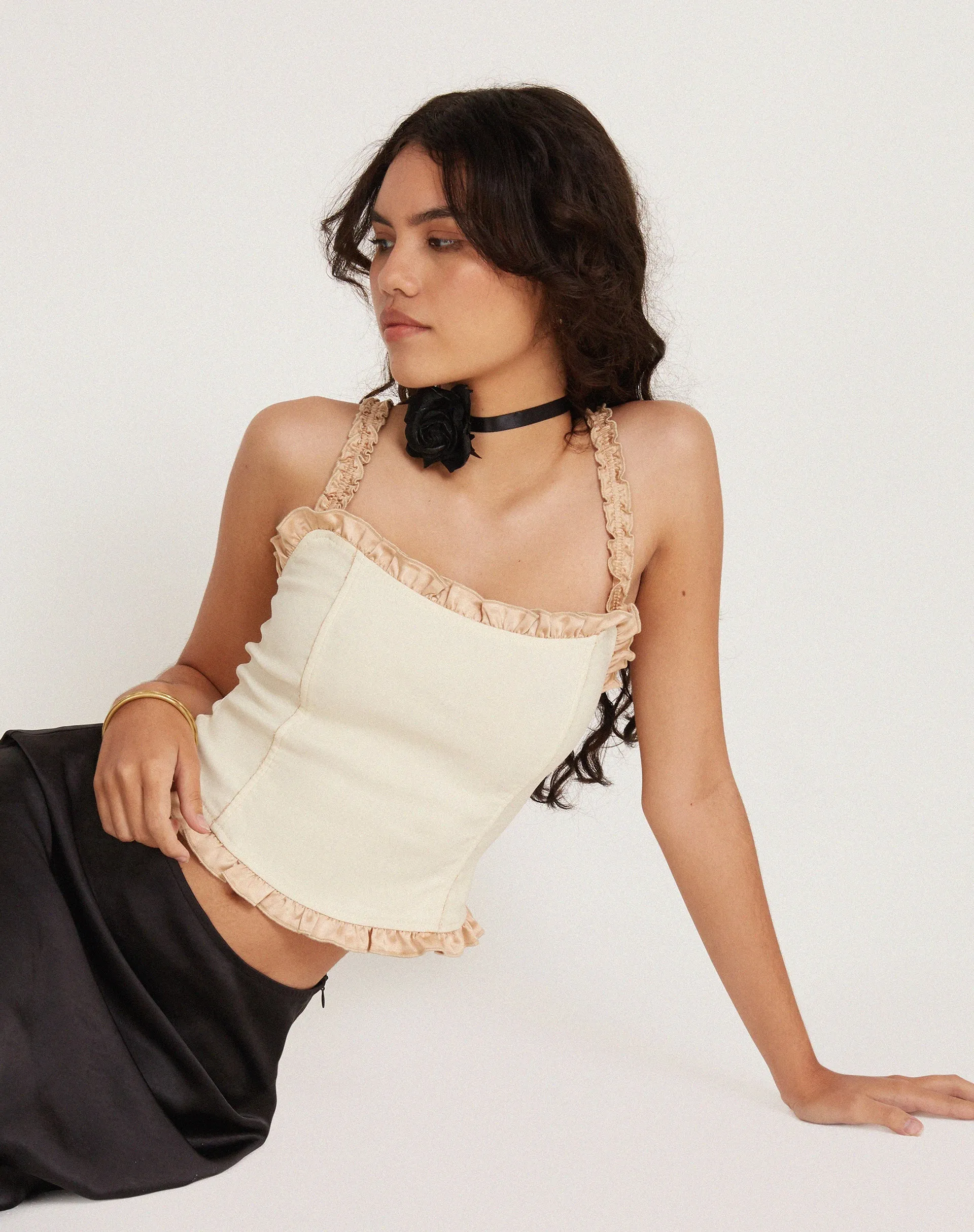 Idalia Corset Top in Cream with Satin Ruffle sold by Motel Rocks