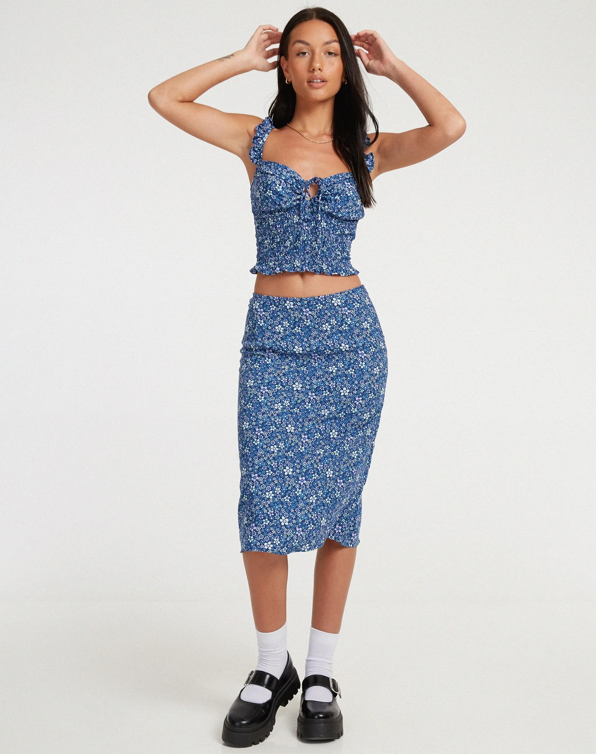 Harriet Midi Skirt in Retro Floral Blue sold by Motel Rocks product image thumbnail 4