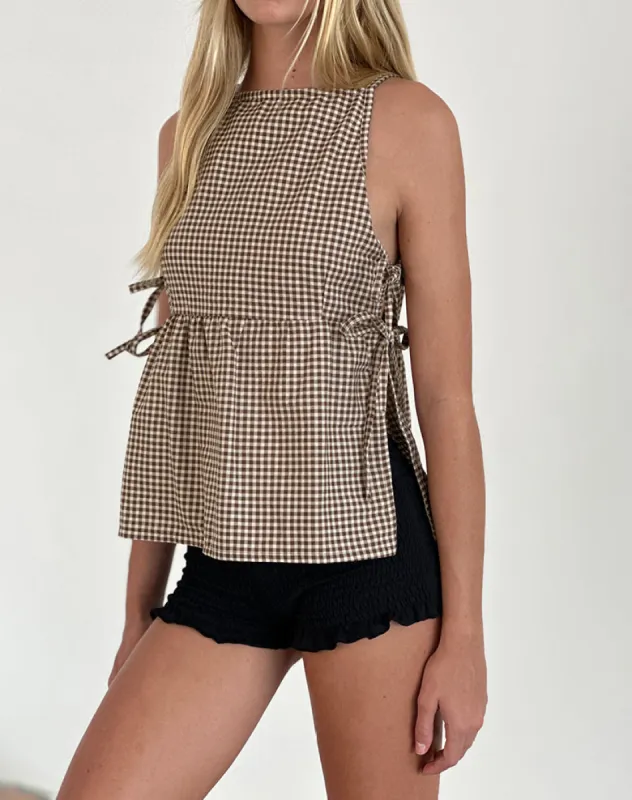 Palsi Tie Side Sleeveless Top in Brown Mini Gingham sold by Motel Rocks