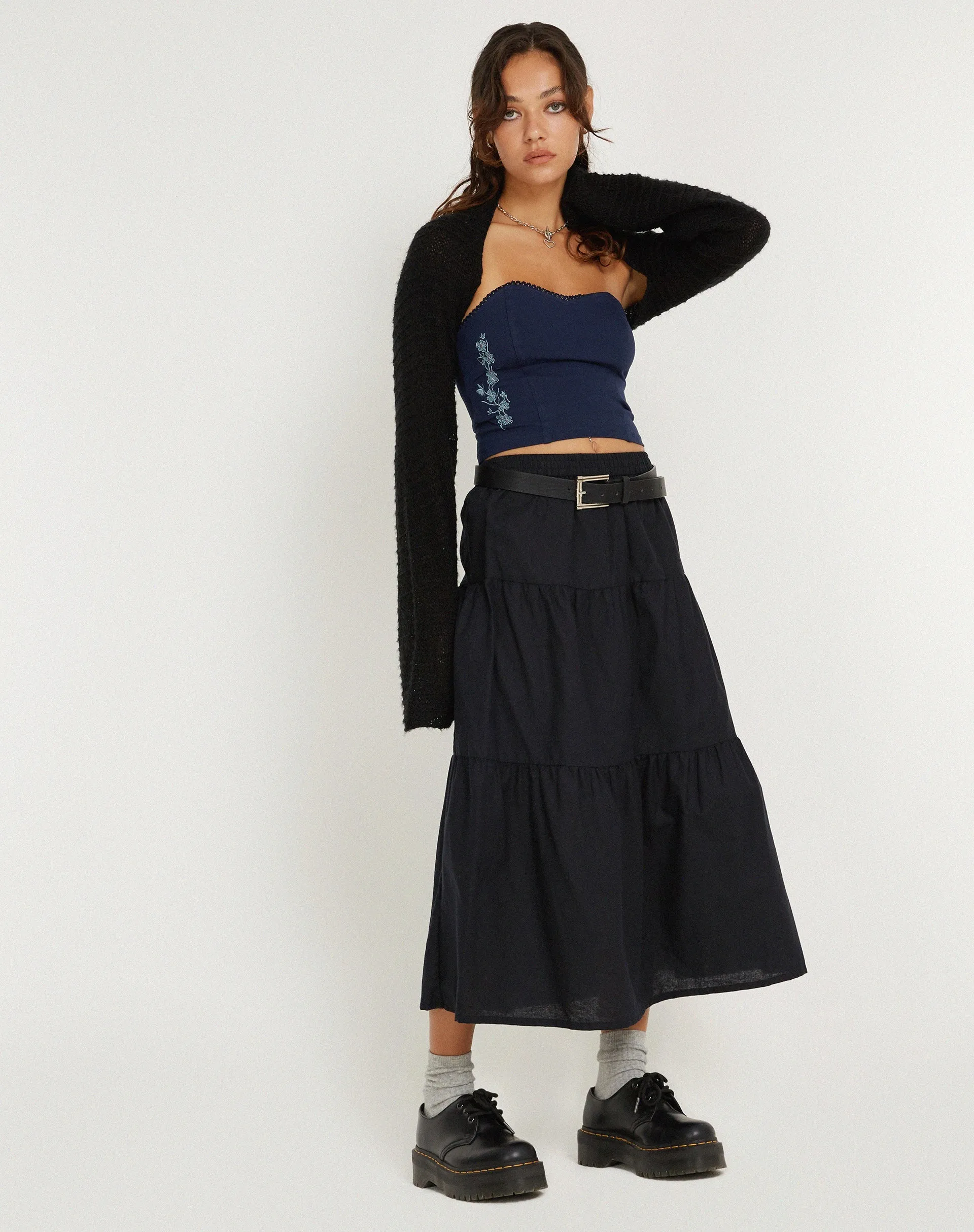 Clyde Embroidered Bandeu Top in Navy Flower Butterfly Emb sold by Motel Rocks product image thumbnail 2