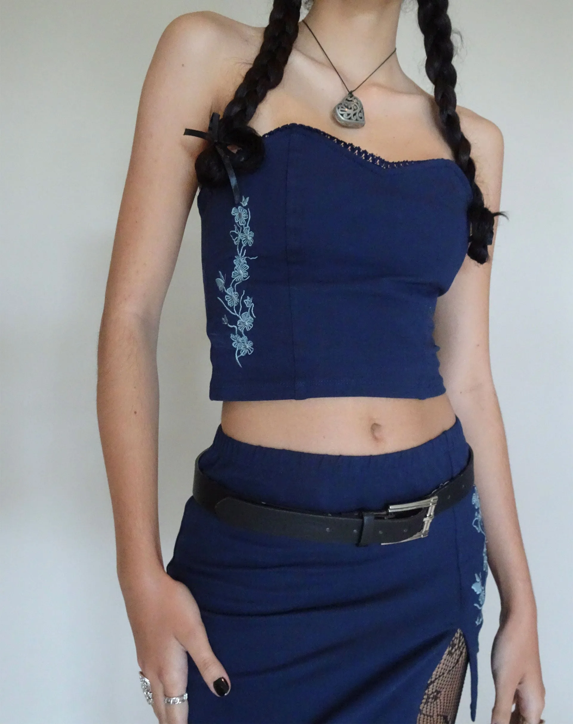 Clyde Embroidered Bandeu Top in Navy Flower Butterfly Emb sold by Motel Rocks