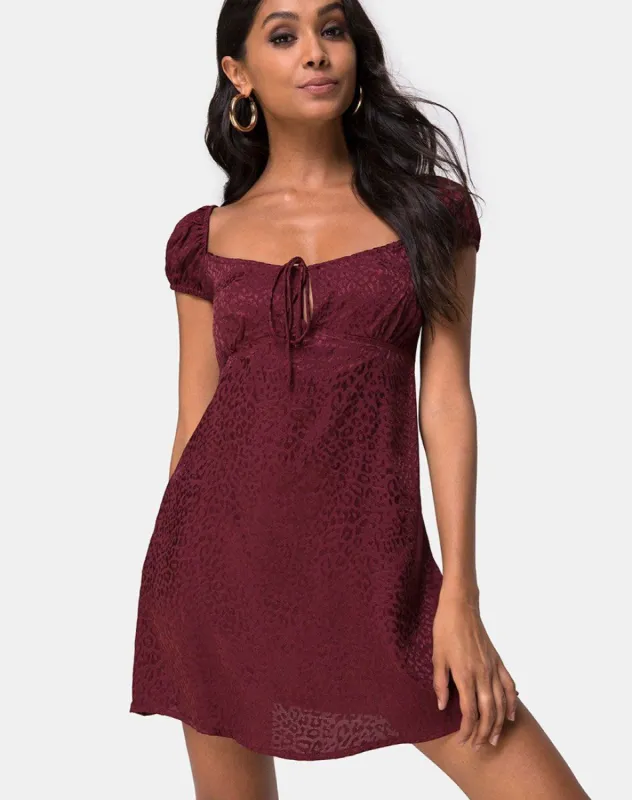 Gaval Mini Dress in Satin Cheetah Burgundy sold by Motel Rocks