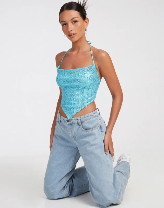Ketida Crop Top in Drape Sequin Blue sold by Motel Rocks