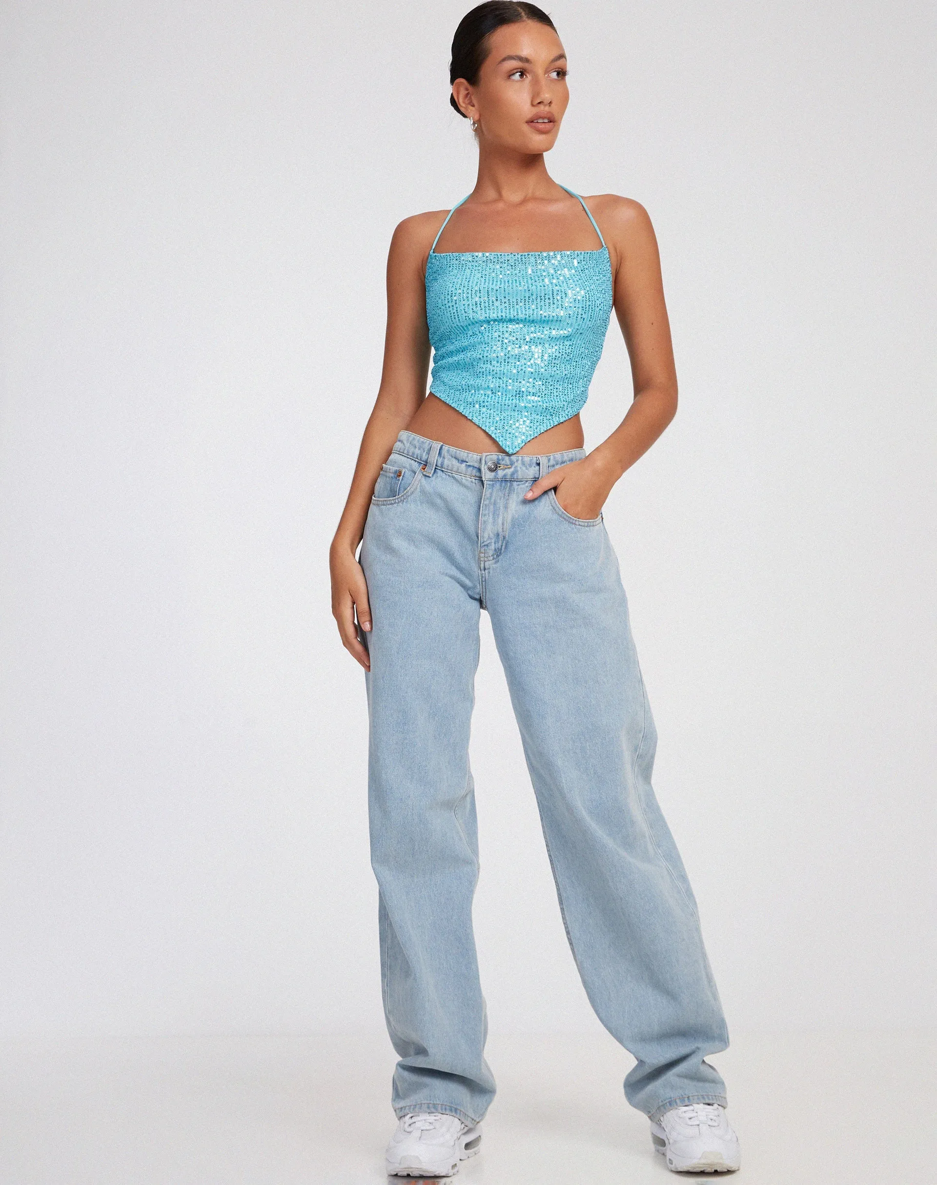 Ketida Crop Top in Drape Sequin Blue sold by Motel Rocks product image thumbnail 3