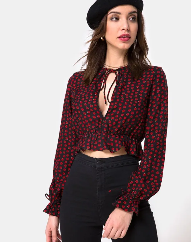 Sibel Top in Dotty Rose Black sold by Motel Rocks