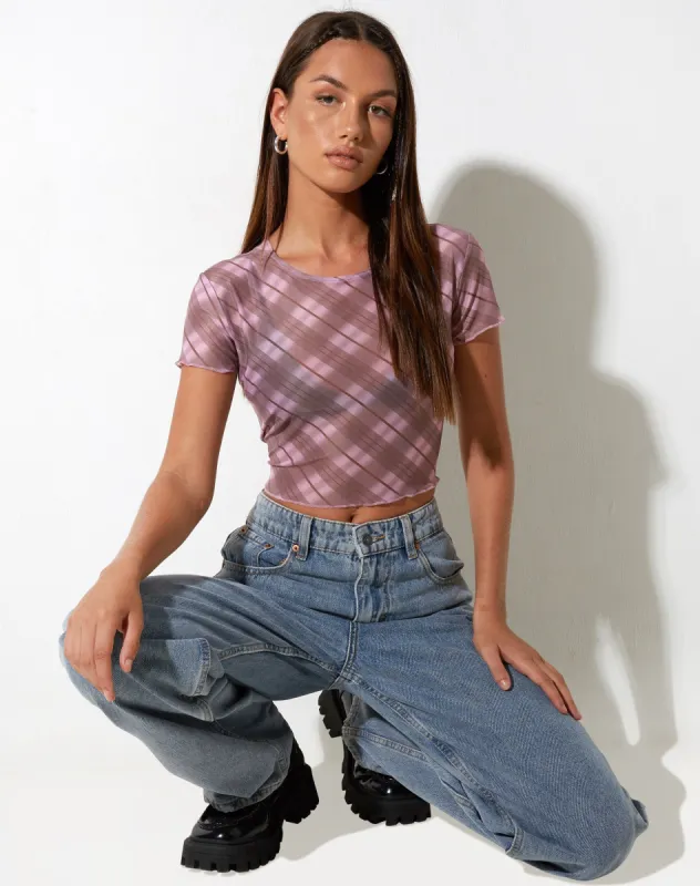 Tiney Crop Top in Pink Blurred Check sold by Motel Rocks