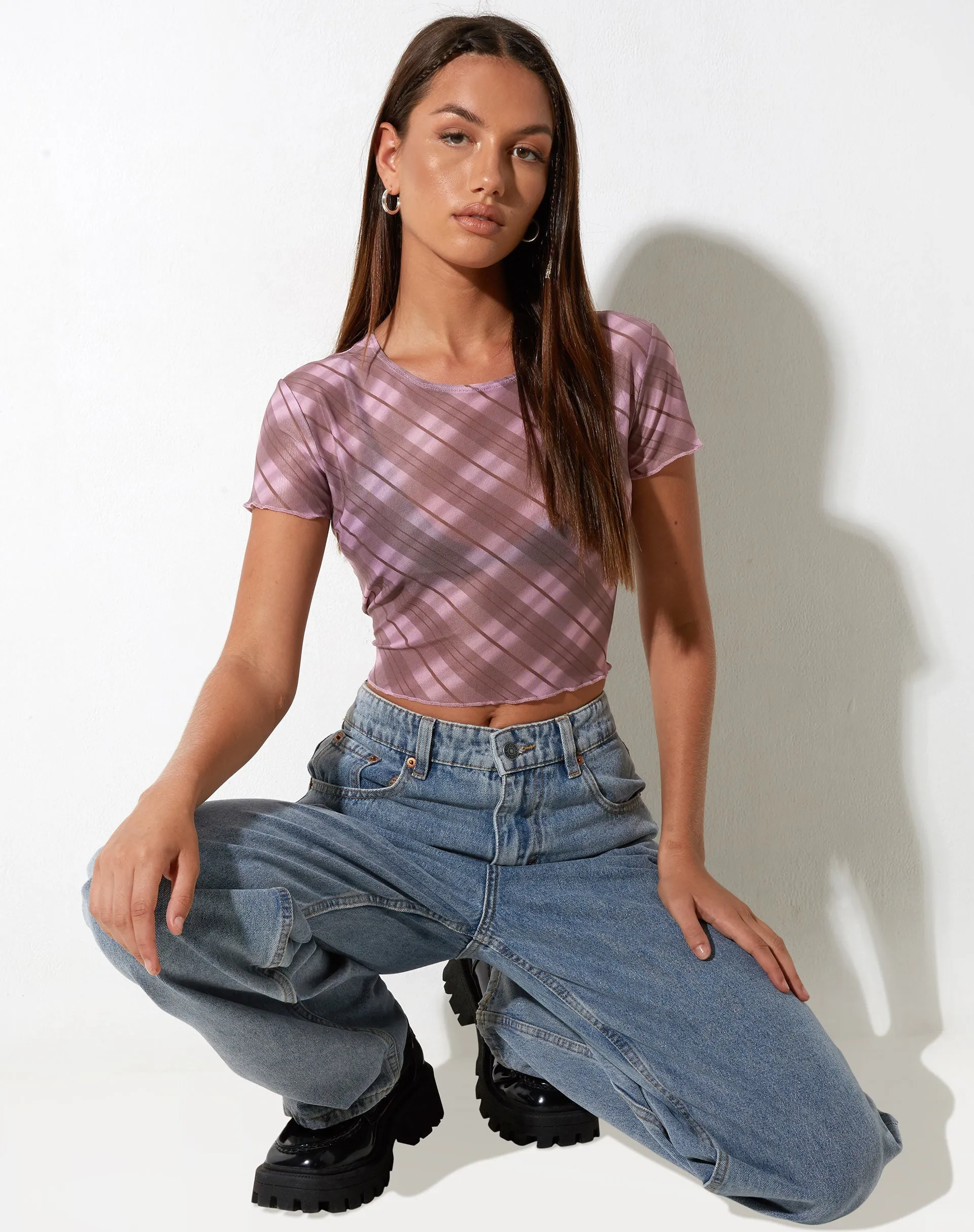 Tiney Crop Top in Pink Blurred Check sold by Motel Rocks