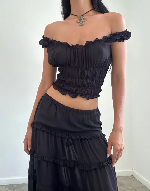 Xavi Shirred Bardot Top in Chiffon Black made by Motel Rocks