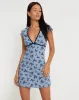 Evilia Mini Dress in Light Blue Black Botanist Flocking sold by Motel Rocks