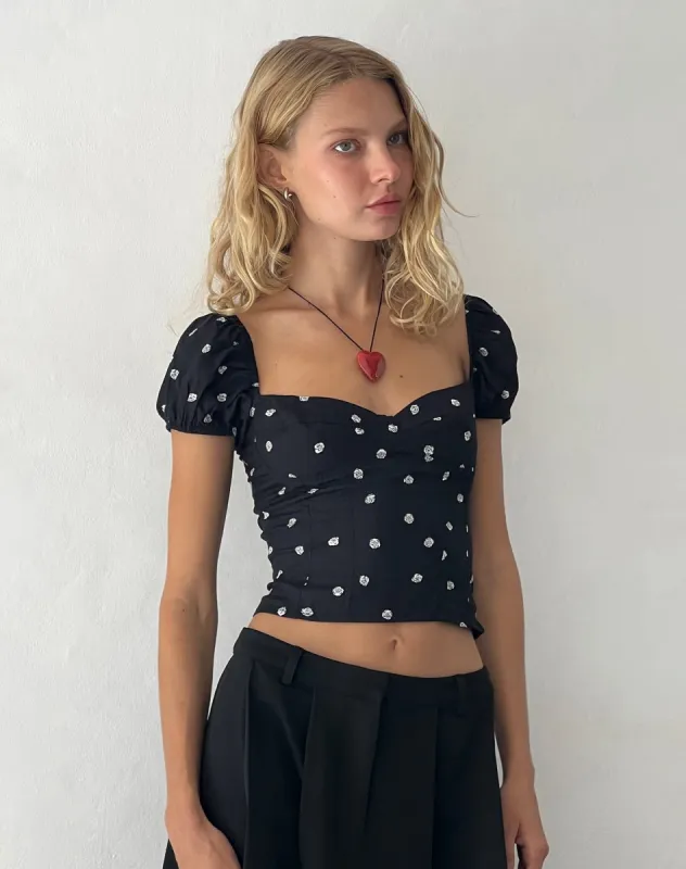 Leify Sweetheart Top in Ditsy Rose Black sold by Motel Rocks