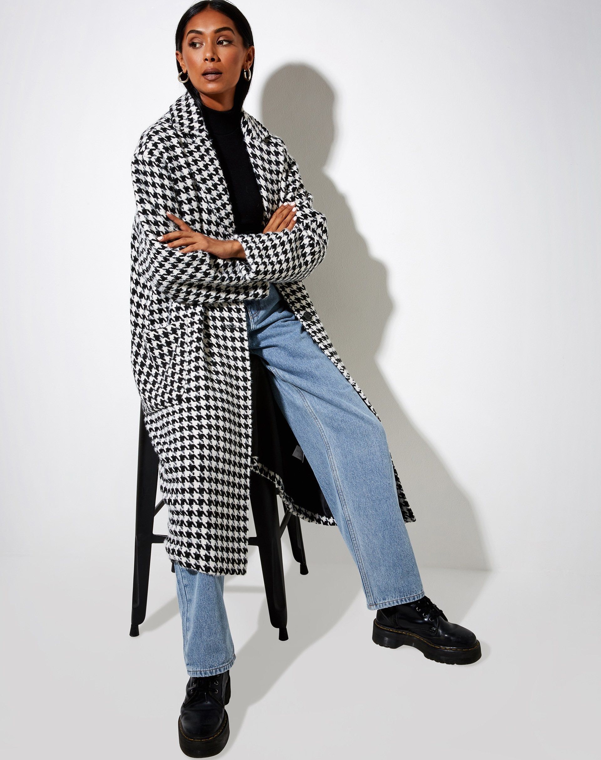 Duster Coat in Houndstooth Black and White sold by Motel Rocks product image thumbnail 4