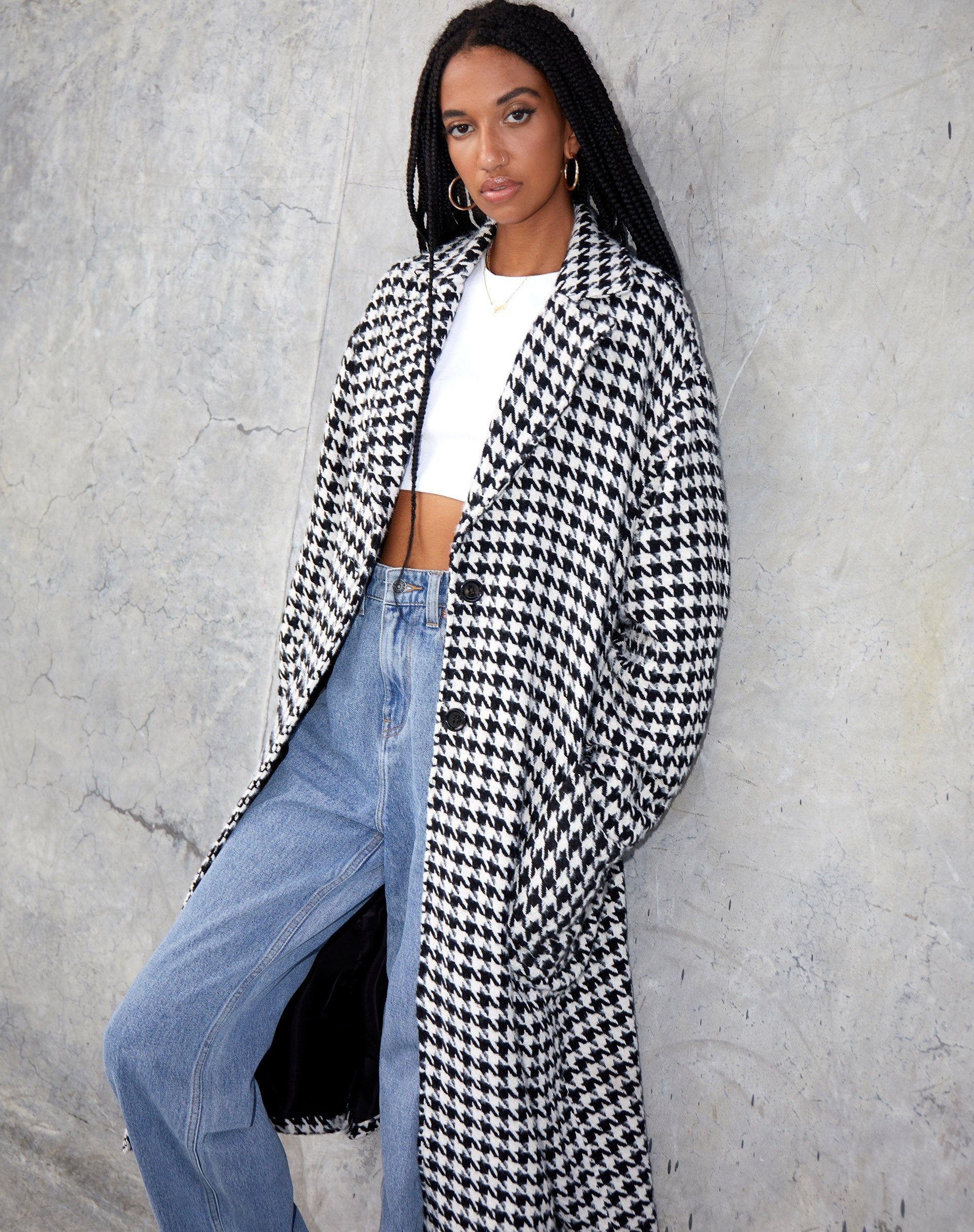 Duster Coat in Houndstooth Black and White sold by Motel Rocks
