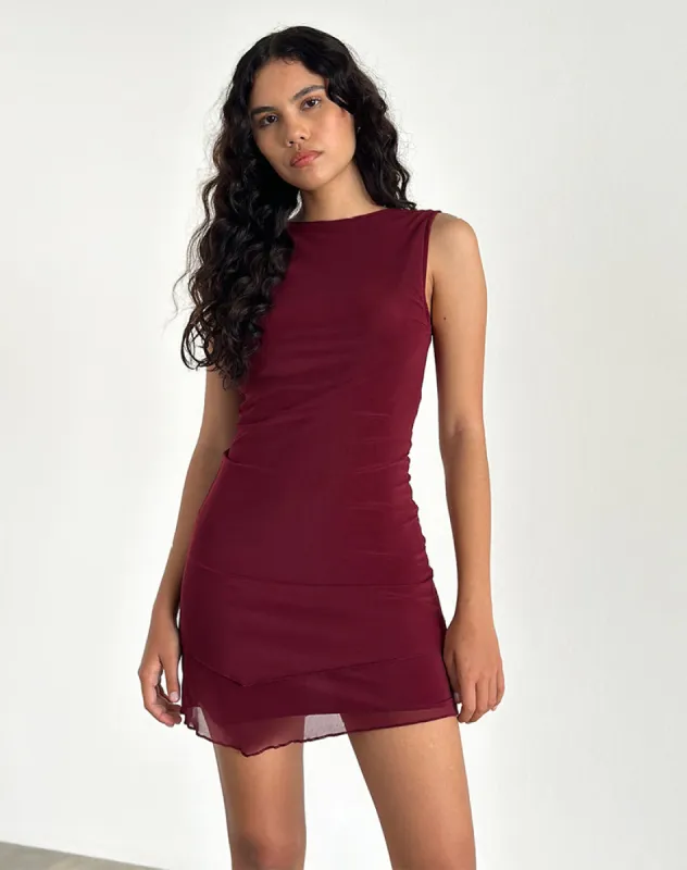Renata Asymmetrical Mini Dress in Burgundy Mesh sold by Motel Rocks