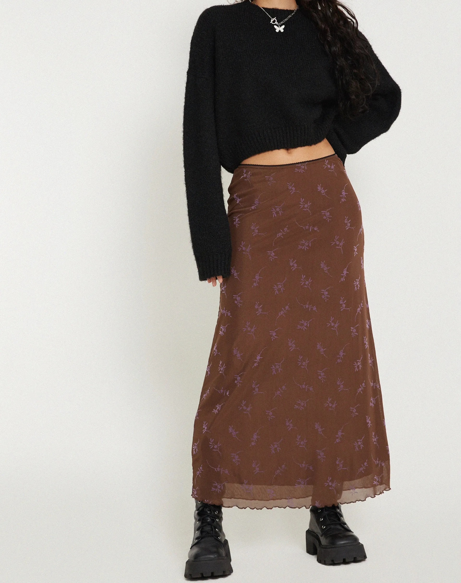 Rindu Maxi Skirt in Flower Stem Flock Brown sold by Motel Rocks