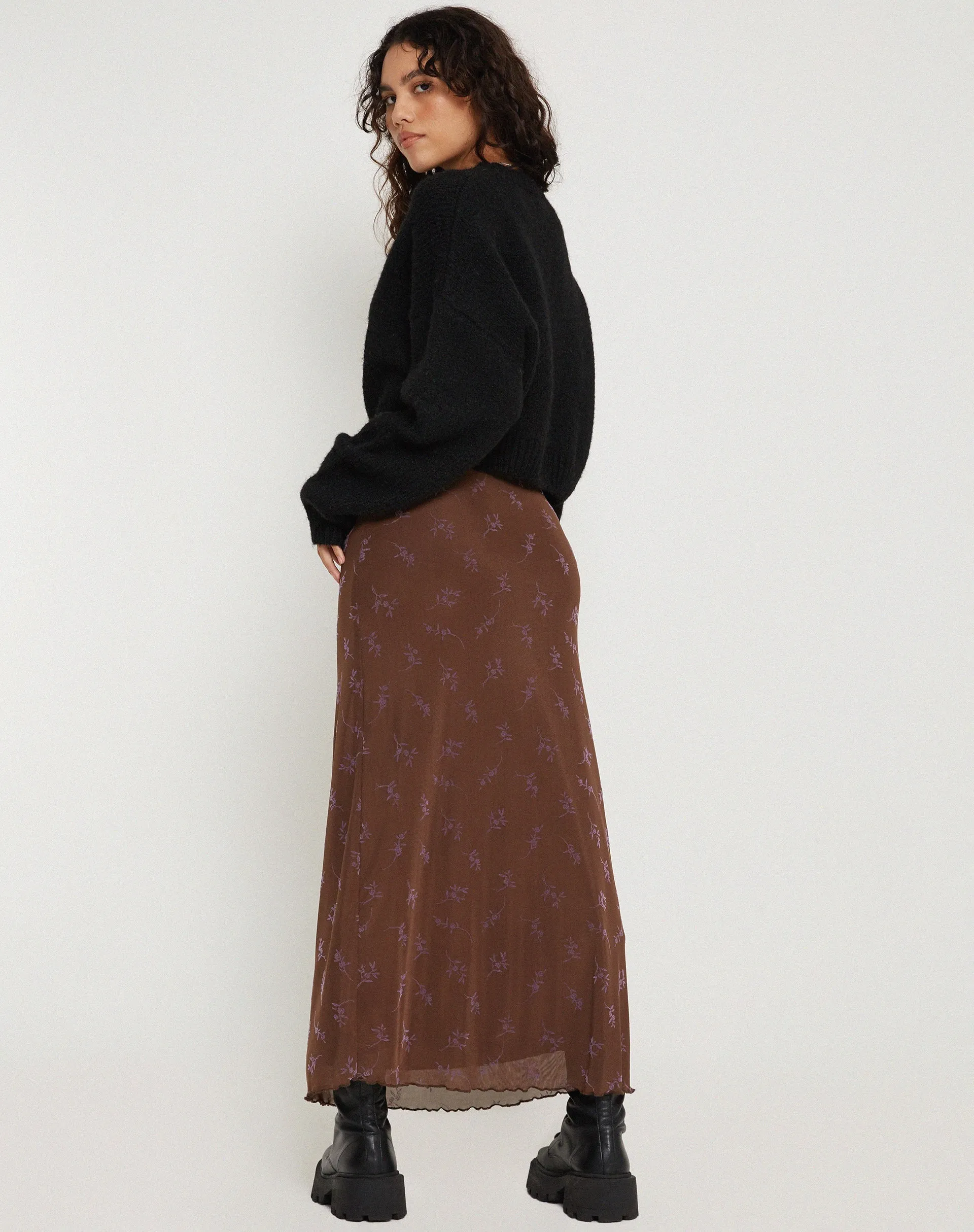Rindu Maxi Skirt in Flower Stem Flock Brown sold by Motel Rocks product image thumbnail 3