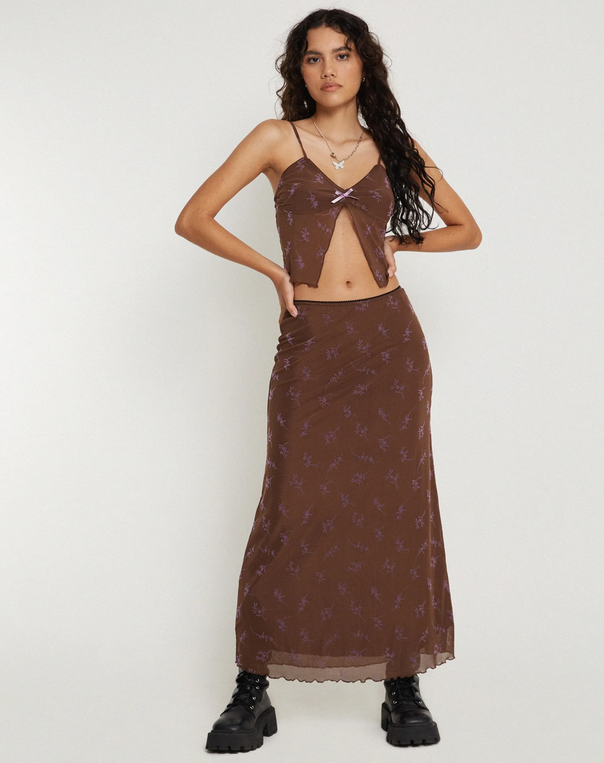 Rindu Maxi Skirt in Flower Stem Flock Brown sold by Motel Rocks product image thumbnail 4
