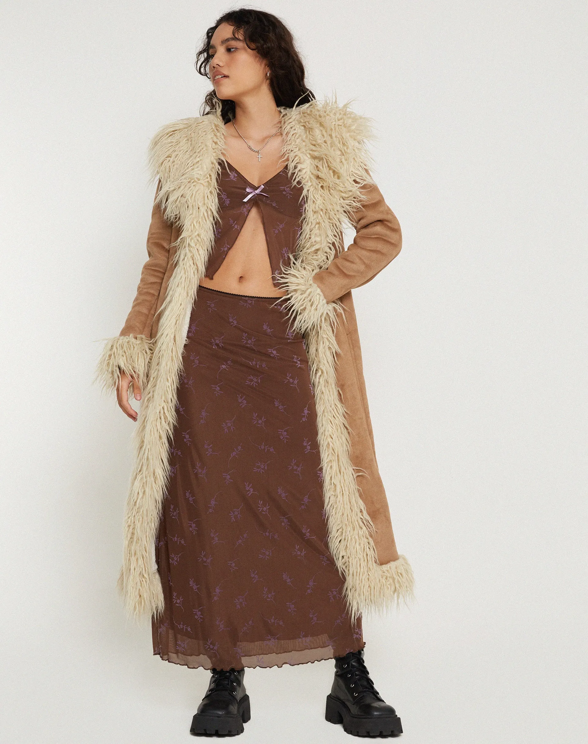 Rindu Maxi Skirt in Flower Stem Flock Brown sold by Motel Rocks product image thumbnail 2