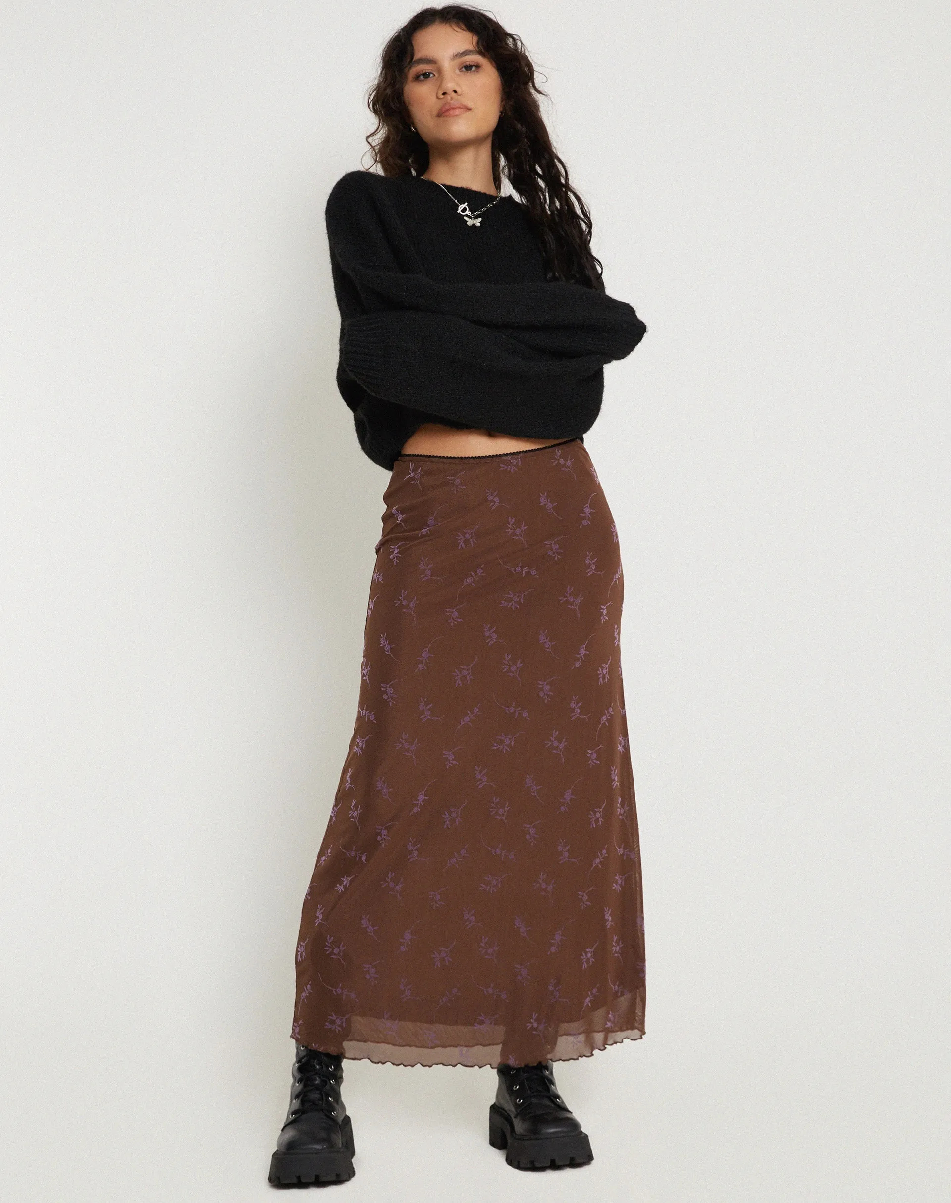Rindu Maxi Skirt in Flower Stem Flock Brown sold by Motel Rocks product image thumbnail 5