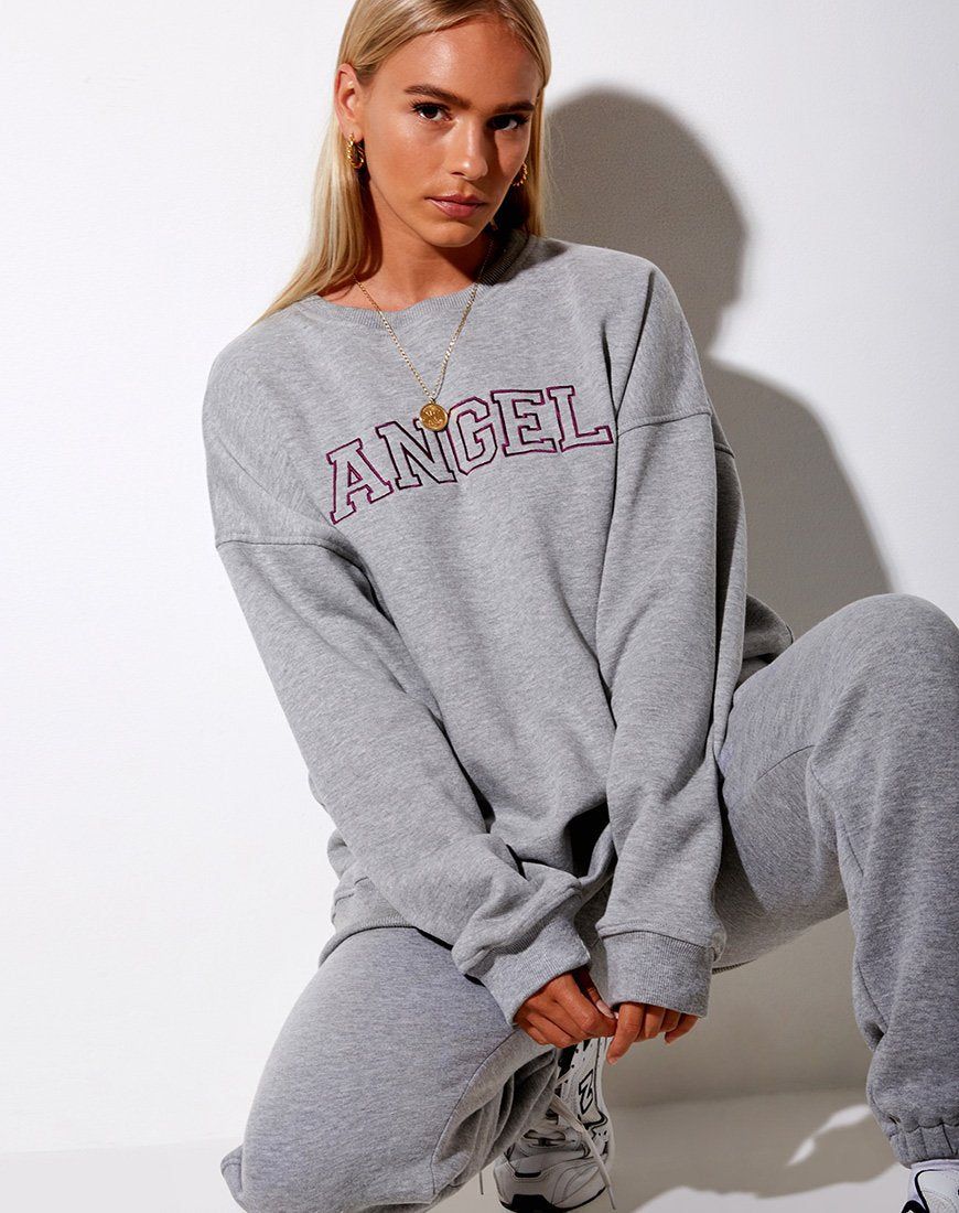 Glo Sweatshirt in Greymarl 'Angel' Embro in Burgundy sold by Motel Rocks
