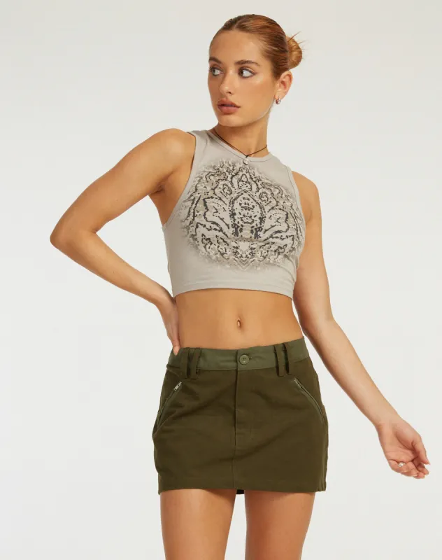 Ivette Mini Skirt in Dark Olive Khaki sold by Motel Rocks