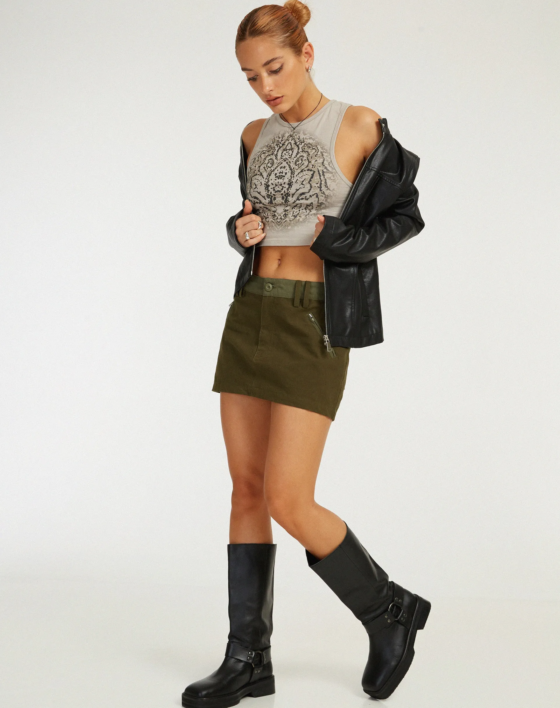 Ivette Mini Skirt in Dark Olive Khaki sold by Motel Rocks product image thumbnail 3