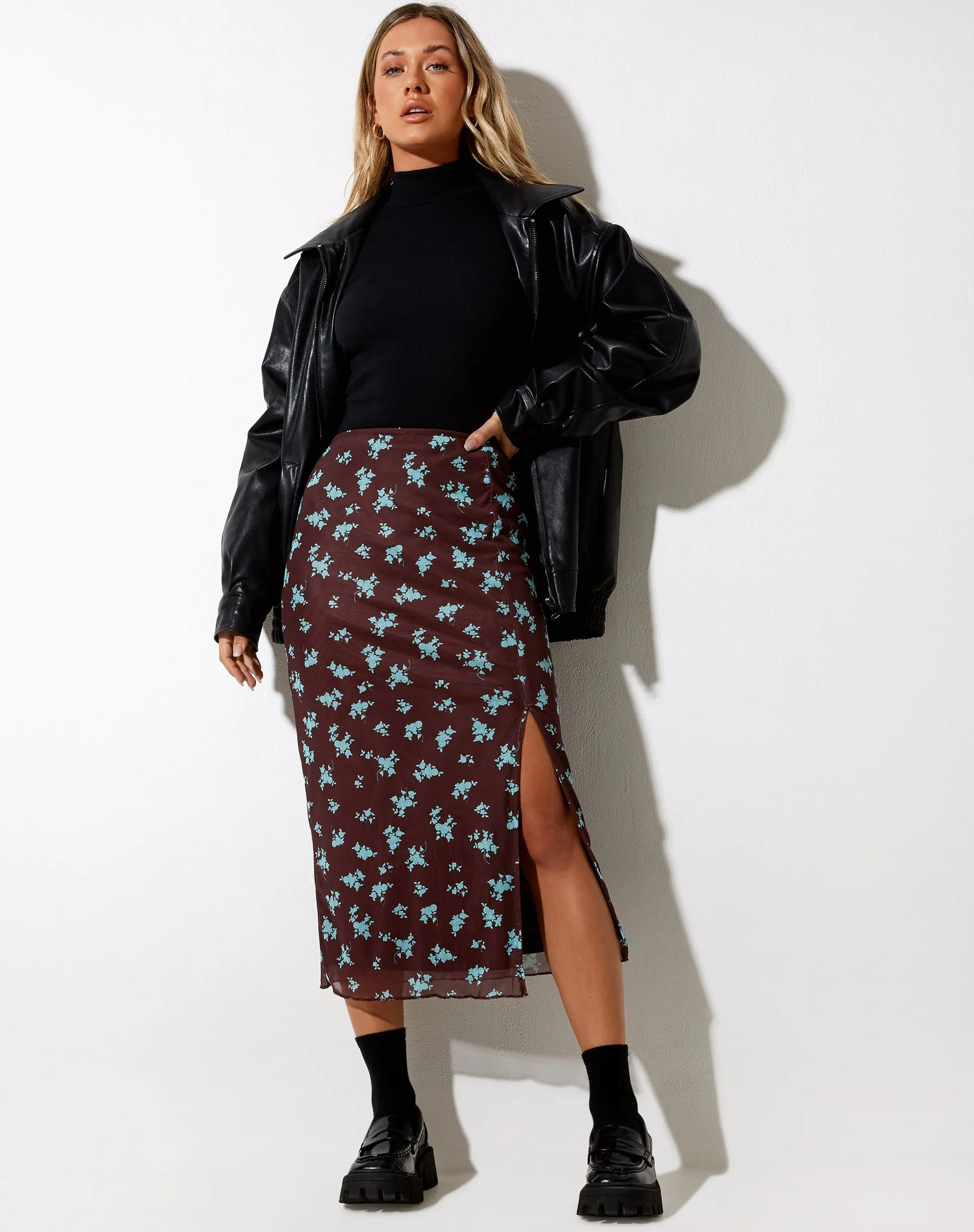 Rindai Midi Skirt in Femme Floral Blue and Brown sold by Motel Rocks