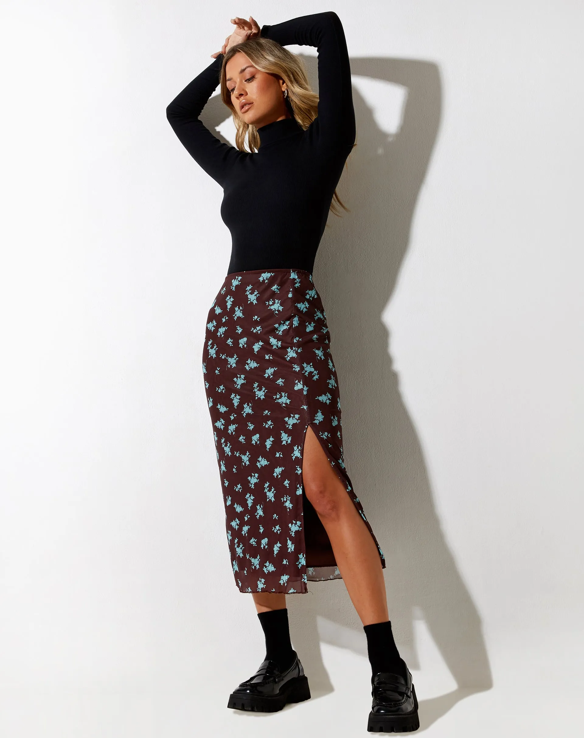 Rindai Midi Skirt in Femme Floral Blue and Brown sold by Motel Rocks product image thumbnail 3